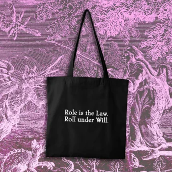 Retro della borsa ufficiale di Nigredo Press. Modello "Role is the Law".